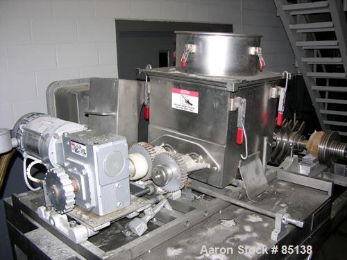 USED: Fitzmill model DKASO-12, stainless steel construction. Fixed knives, twin screw feed with 1 hp, 230/460 volt XP drive, 10/15 hp, 190/380/230/460 XP main drive. Missing feed throat. Mounted on l...