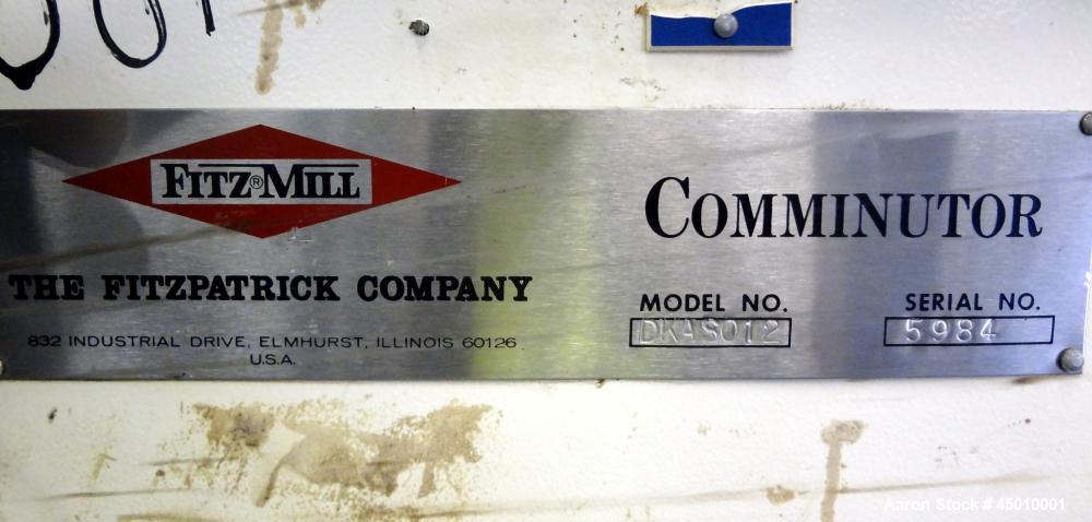Used Fitzpatrick Fitzmill, Model DKASO12, Stainless Steel.  (32) Impact/knife fixed 410/16/20 stainless steel blades, 11" x 13" 316 stainless steel cutting chamber.  Missing feed throat, bottom scree...