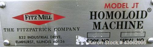 Used Fitzpatrick Homoloid Mill, Model JT, 316 Stainless Steel. 7-1/2'' Diameter x 2'' deep chamber, (12) 410/16/20 stainless steel swinging impact/knife blades. Bottom screen. Top 304 stainless steel...