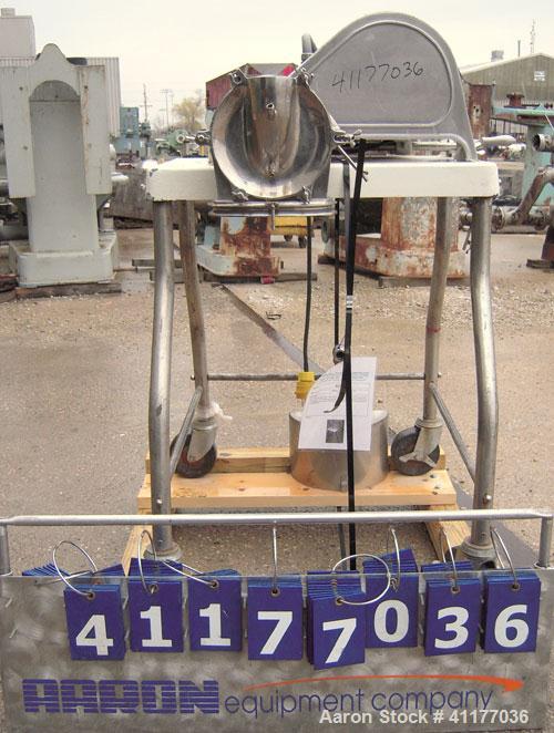 Used Fitzpatrick Homoloid Mill, Model JT, 304 stainless steel. 8'' diameter x 2'' deep chamber, (12) 410 stainless steel swinging double impact blades, bottom screen. Top feed, no pan. Driven by a 5 ...