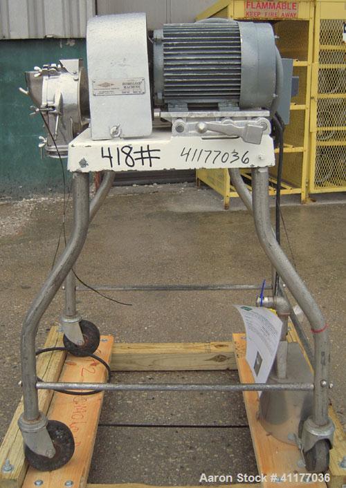 Used Fitzpatrick Homoloid Mill, Model JT, 304 stainless steel. 8'' diameter x 2'' deep chamber, (12) 410 stainless steel swinging double impact blades, bottom screen. Top feed, no pan. Driven by a 5 ...