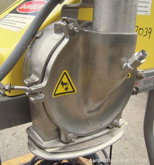 Used Fitzpatrick Homoloid Mill, Model JT, 316 stainless steel. 8'' diameter x 2'' deep chamber, (12) 410 stainless steel swinging impact/knife blades, no bottom screen. Top feed with pan. Driven by a...