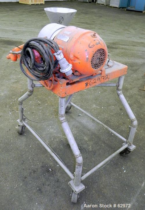 Used Fitzmill Homoloid Mill, Model JT, 316 Stainless Steel. 8" Diameter x 2" deep cutting chamber (missing rotor and cutting knives). 3" Feed opening with hopper, 7-1/2" x 2" bottom discharge. Driven...