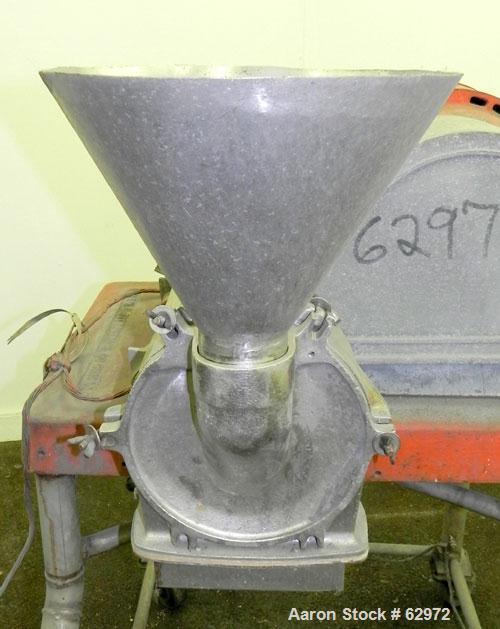 Used Fitzmill Homoloid Mill, Model JT, 316 Stainless Steel. 8" Diameter x 2" deep cutting chamber (missing rotor and cutting knives). 3" Feed opening with hopper, 7-1/2" x 2" bottom discharge. Driven...