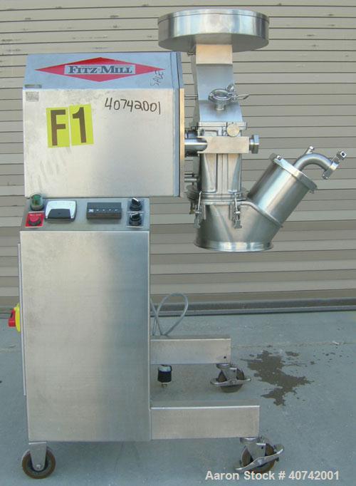 Used Fitzpatrick Fitzmill, model M5A, 316 stainless steel. (16) impact/knife blades. 4 1/2" x 8 3/4" cutting chamber. Gravity feed throat with pan. Driven by a 3 hp, 3/60/230/460 volt, 1760 rpm motor...