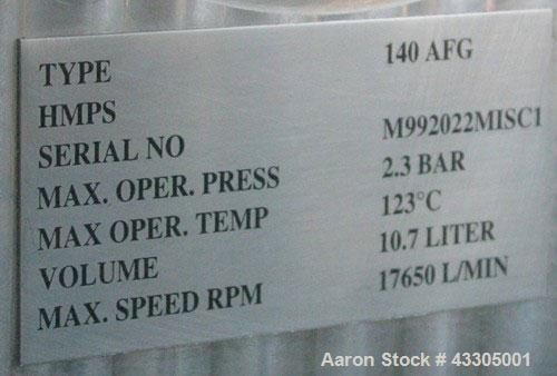 Used Alpine Bed Opposed Jet Mill, Model 140AFG.  316 Stainless steel, 10.7 liter jacketed chamber rated 2.3 bar at 123 deg C (33 psi at 253 deg F).  (1) Horizontal design classifying wheel driven by ...