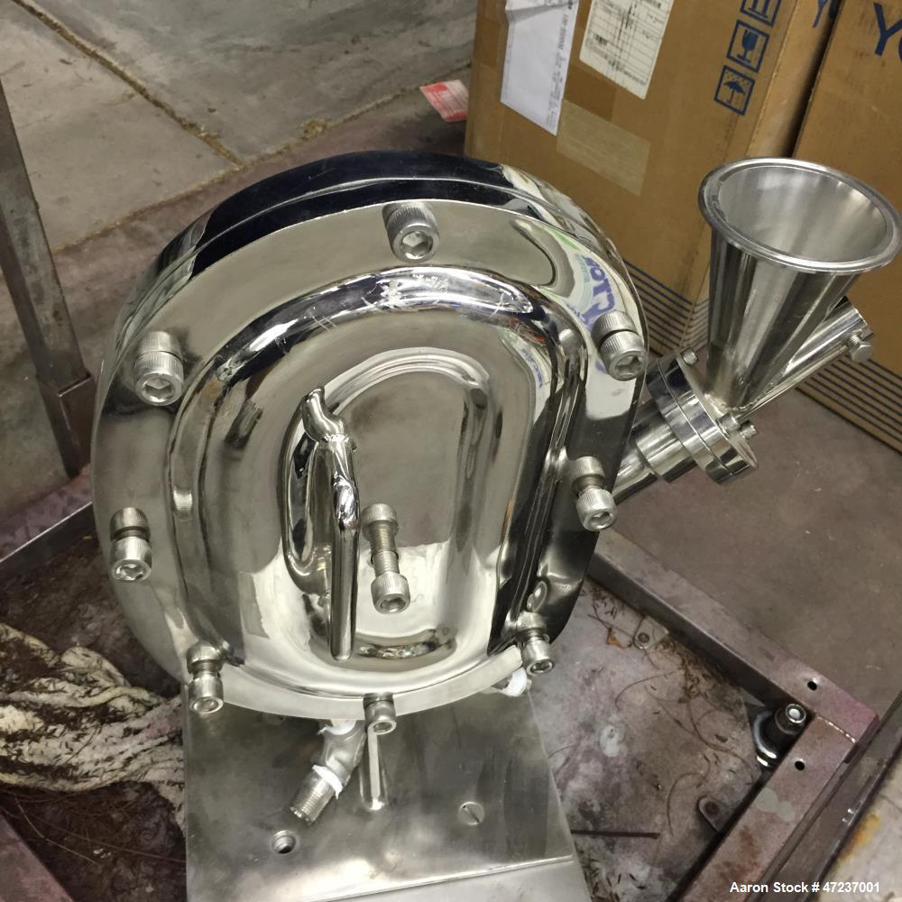 Used Fluid Energy Jet-O-Mizer Mill, Aljet Model 0202. 316L stainless steel, feed hopper, adjustable pusher nozzle, removable venturi nozzle, manifold, grinding chamber, mill stand, quick disconnect f...