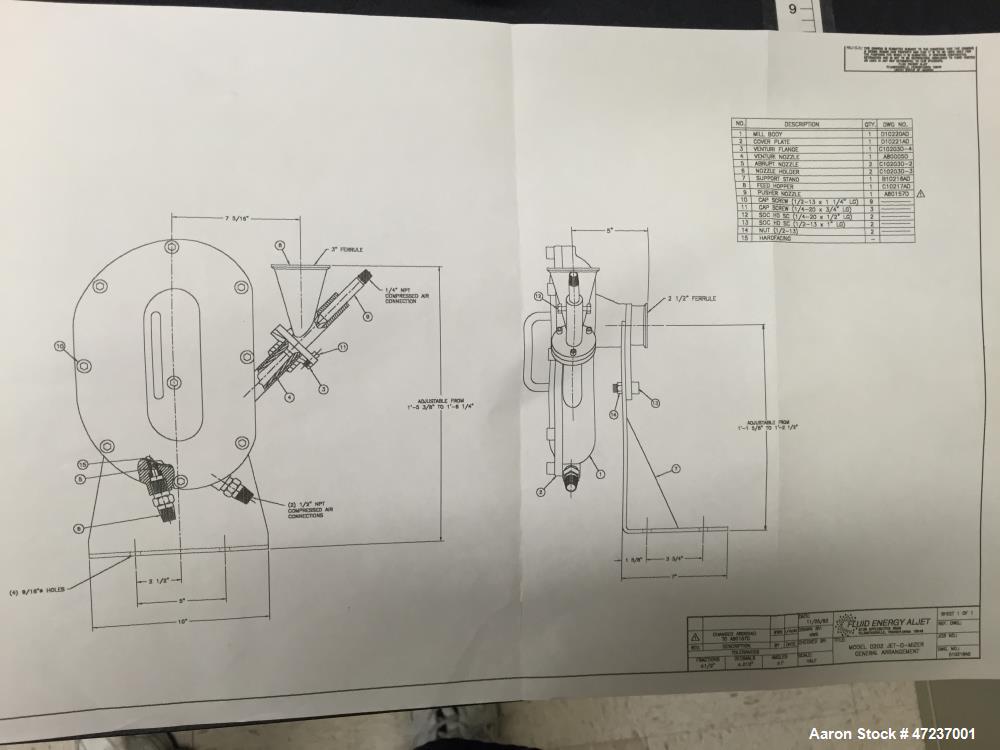 Used Fluid Energy Jet-O-Mizer Mill, Aljet Model 0202. 316L stainless steel, feed hopper, adjustable pusher nozzle, removable venturi nozzle, manifold, grinding chamber, mill stand, quick disconnect f...