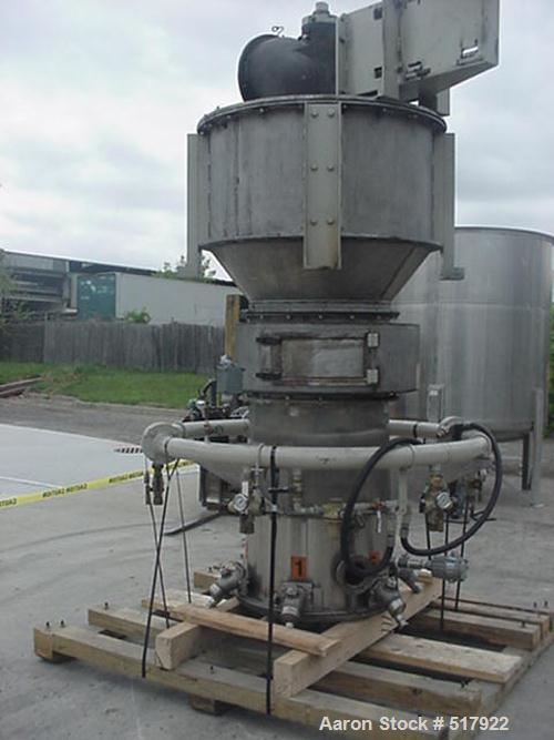 USED: Hosokawa-Micron jet stainless steel pulverizer, model MJ-7-4with model MS-4 separator/classifiers, 6 high pressure jet nozzles,4" diameter x 36" long stainless steel feed screw feeder with 1 hp...