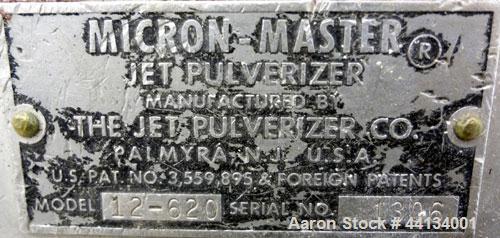 Used Jet Pulverizer Micron-Master Jet Mill, Size 12.  304 Stainless steel and tungsten carbide product contact areas. 12” Diameter chamber, typical feed rate 25-250 pounds an hour, air required 225 S...