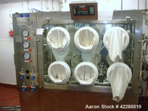 Used Jetpharma Jet Mill, Model MCJETMILL 50, Stainless Steel. Approximately 4’’ diameter. Rated .05-5 kg/hr, batch size 3g-20kg. Unit includes a Ktron twin screw feeder mounted in Isolation Solutions...