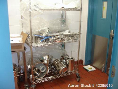Used Jetpharma Jet Mill, Model MCJETMILL 50, Stainless Steel. Approximately 4’’ diameter. Rated .05-5 kg/hr, batch size 3g-20kg. Unit includes a Ktron twin screw feeder mounted in Isolation Solutions...