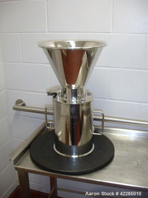 Used Jetpharma Jet Mill, Model MCJETMILL 50, Stainless Steel. Approximately 4’’ diameter. Rated .05-5 kg/hr, batch size 3g-20kg. Unit includes a Ktron twin screw feeder mounted in Isolation Solutions...