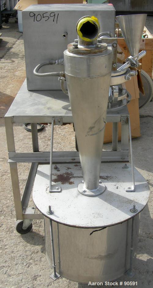 Used Sturtevant Micronizer Jet Mill, 316 Stainless Steel. Approximately 8" diameter x 1" deep chamber. Includes a cyclone with collection jar. Mounted on a stainless steel frame with casters.
