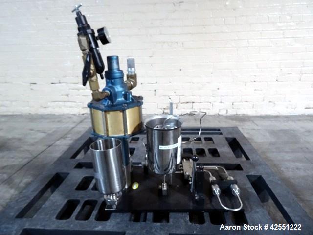 Used Microfluidics Microfluidizer, Model 110F, Stainless Steel. Nominally flow rated 525 ml/minute (water). Rated up to 3000-18000 psi pressure range. Air operated pump with feed hopper and back flus...