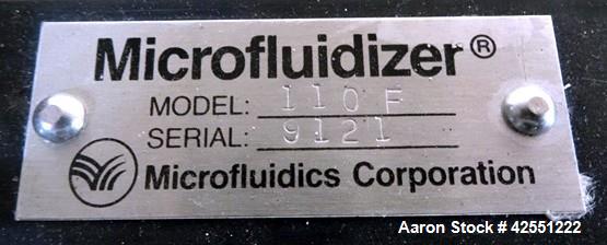 Used Microfluidics Microfluidizer, Model 110F, Stainless Steel. Nominally flow rated 525 ml/minute (water). Rated up to 3000-18000 psi pressure range. Air operated pump with feed hopper and back flus...