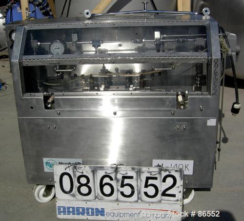 Used Microfluidics Lab Microfluidizer Electric-Hydraulic Processor, Model M140K, 304 Stainless Steel. Unit designed for high shear rates, maximizing the energy per unit fluid volume resulting in unif...