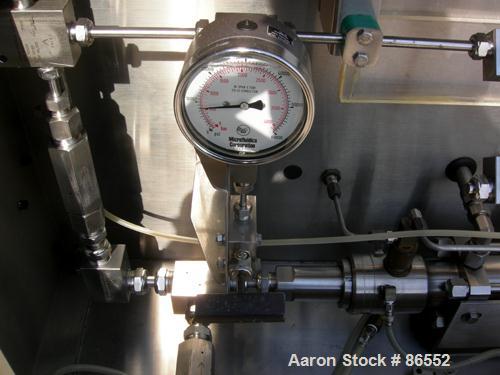 Used Microfluidics Lab Microfluidizer Electric-Hydraulic Processor, Model M140K, 304 Stainless Steel. Unit designed for high shear rates, maximizing the energy per unit fluid volume resulting in unif...