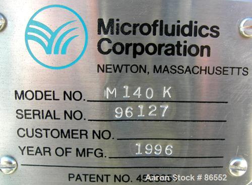 Used Microfluidics Lab Microfluidizer Electric-Hydraulic Processor, Model M140K, 304 Stainless Steel. Unit designed for high shear rates, maximizing the energy per unit fluid volume resulting in unif...