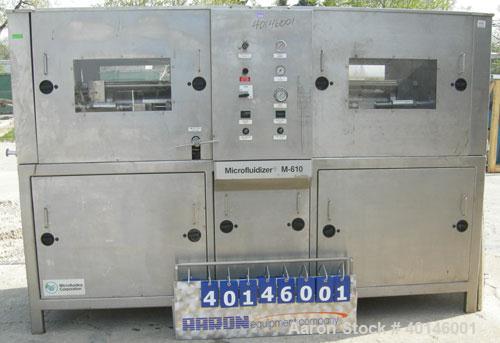 USED: Microfluidics Series Production Microfluidizer, Model M610-100, stainless steel. Electrically driven, dual plunger, hydraulic intensifier pump to pressurize the process stream. Unit designed fo...