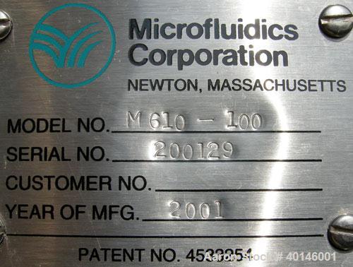 USED: Microfluidics Series Production Microfluidizer, Model M610-100, stainless steel. Electrically driven, dual plunger, hydraulic intensifier pump to pressurize the process stream. Unit designed fo...