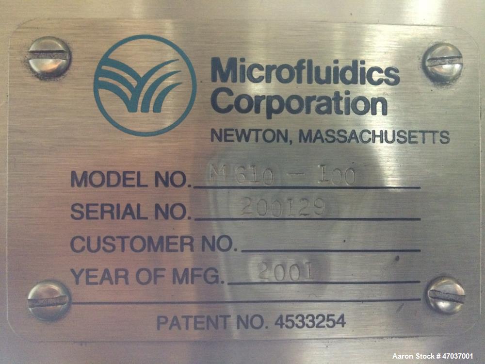 Used Microfluidics Series Production Microfluidizer, Model M610-100. Stainless steel. Electrically driven, dual plunger, hydraulic intensifier pump to pressurize the process stream. Unit designed for...