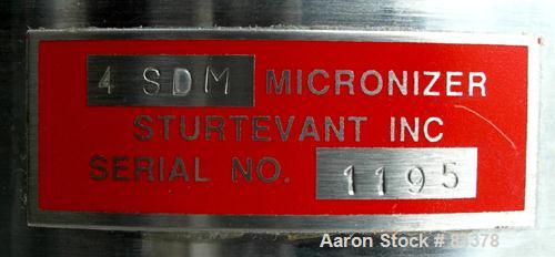 Used Sturtevant Sanitary Micronizer, Model 4SDM, Sanitary Design, 304 stainless steel. 4" diameter chamber. Requires 55 compressed air/gas scfm. Approximate 2-40 pounds an hour capacity. Includes an ...