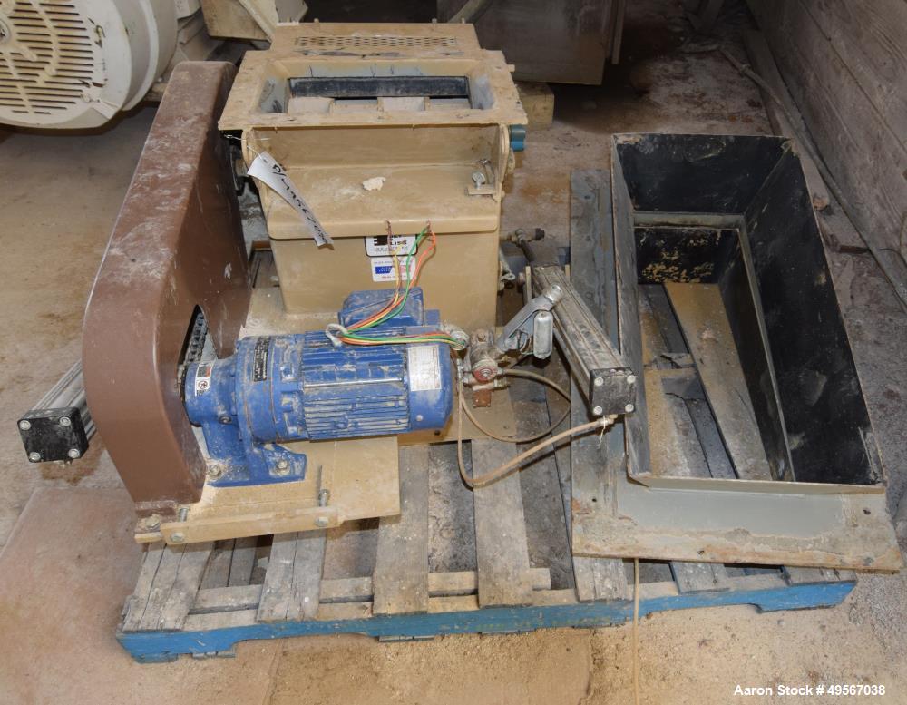Used Bliss Industries Eliminator Hammer Mill, Model E-3815 TF, Carbon Steel. Approximate 38” diameter x 15” wide rotor with 2-1/2” wide x 1/4” thick swinging hammers. 14" x 12" Top feed with a rotary...