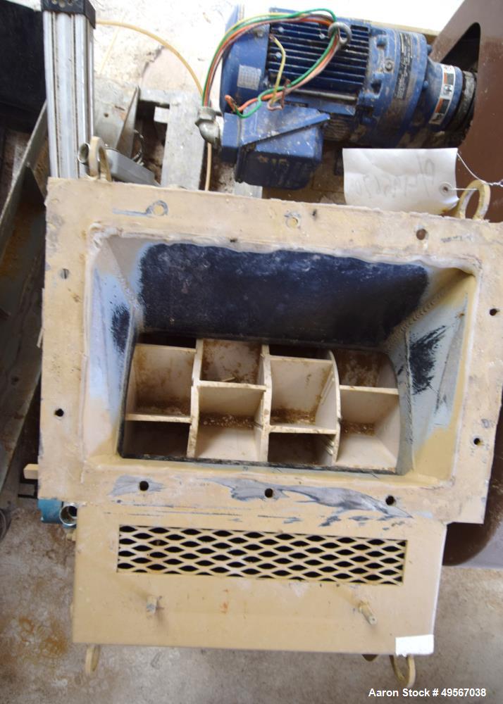 Used Bliss Industries Eliminator Hammer Mill, Model E-3815 TF, Carbon Steel. Approximate 38” diameter x 15” wide rotor with 2-1/2” wide x 1/4” thick swinging hammers. 14" x 12" Top feed with a rotary...