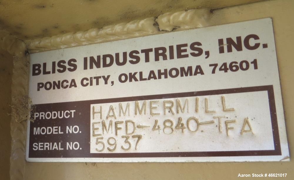 Used Bliss Eliminator Hammer Mill, Model EMFD 4840-TFA. 48" Diameter x 40" wide grinding chamber, on unitized base with 300hp, 230/460 volt motor, with rotary feeder and magnet, serial# 5937. Bliss F...