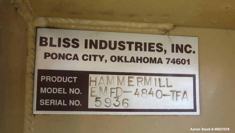 Used Bliss Eliminator Hammer Mill, Model EMFD 4840-TFA