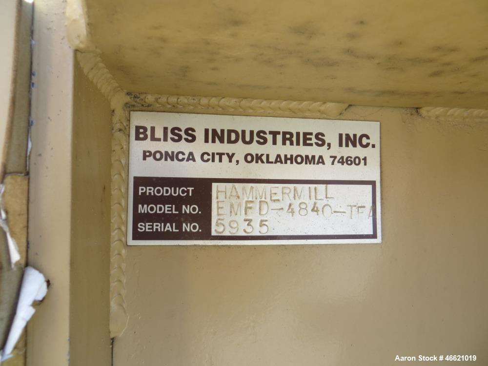 Used Bliss Eliminator Hammer Mill, Model EMFD 4840-TFA. 48" Diameter x 40" wide grinding chamber, on unitized base with 300hp, 230/460 volt motor, with rotary feeder and magnet, serial# 5935. Bliss F...