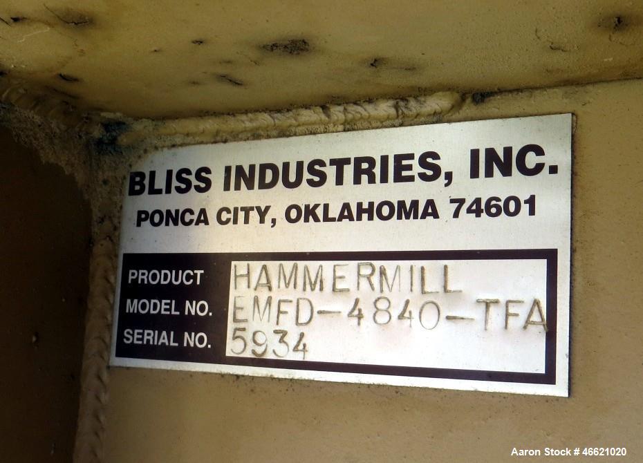 Used Bliss Eliminator Hammer Mill, Model EMFD 4840-TFA. 48" Diameter x 40" wide grinding chamber, on unitized base with 300hp, 230/460 volt motor, with rotary feeder and magnet, serial# 5934. Bliss F...