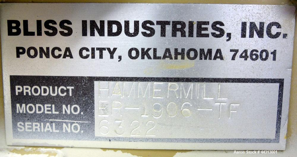 Used Bliss Industries Eliminator Relief Hammer Mill, Model ER-1906-TF, Carbon Steel. 9” x 6” Top feed with chute, bottom discharge. (2) Removable side access doors. Approximately 1/4” thick swinging ...
