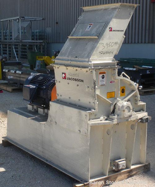 Used Jacobson Commander Half Circle Hammer Mill, model 2424, carbon steel. Approximate 24" diameter x 24" wide rotor with 1/4" thick swinging hammers. 837 Square inch screen area. (1) Access door, to...