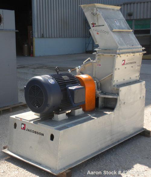 Used Jacobson Commander Half Circle Hammer Mill, model 2424, carbon steel. Approximate 24" diameter x 24" wide rotor with 1/4" thick swinging hammers. 837 Square inch screen area. (1) Access door, to...