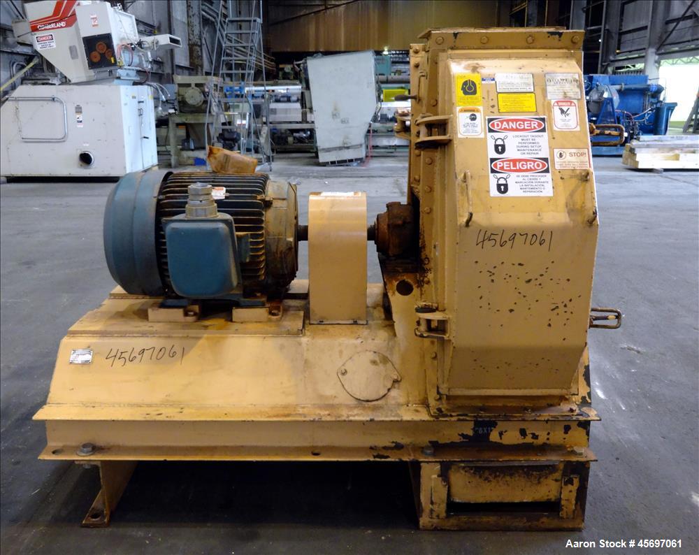 Used Jacobson Machine Works (Carter Day) Full Circle Hammer Mill Model XLT-42315. (4) Rows of (12) 1/4" thick hammers. 10" x 13" top gravity feed, 15" x 9" bottom outlet. Driven by a 75 hp, 230-460 v...