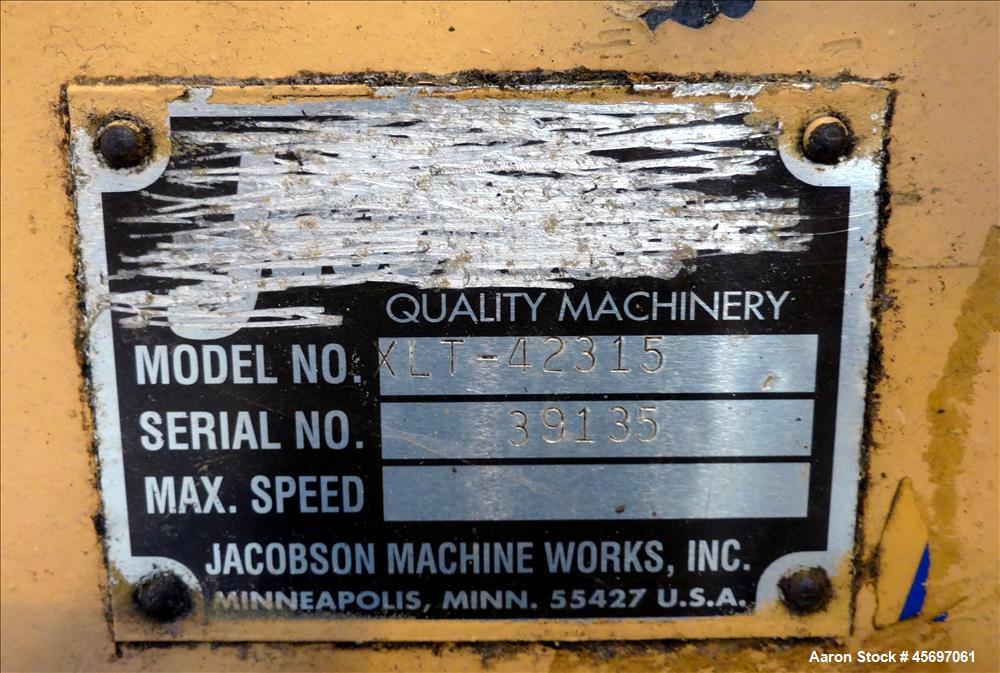 Used Jacobson Machine Works (Carter Day) Full Circle Hammer Mill Model XLT-42315. (4) Rows of (12) 1/4" thick hammers. 10" x 13" top gravity feed, 15" x 9" bottom outlet. Driven by a 75 hp, 230-460 v...