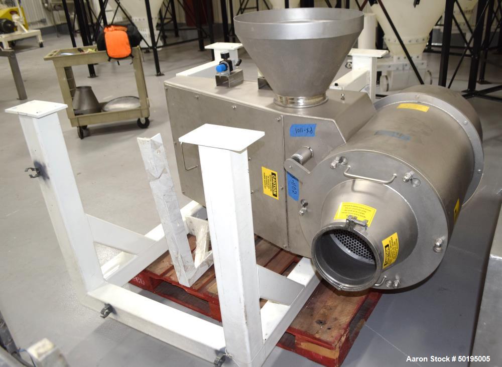 Used Kemutec Kek Cone Mill, Stainless Steel. Top feed with hopper, bottom discharge. Includes beater bar and screen. Driven by a 10hp motor. Mounted on a carbon steel frame. Includes an aluminum pan....