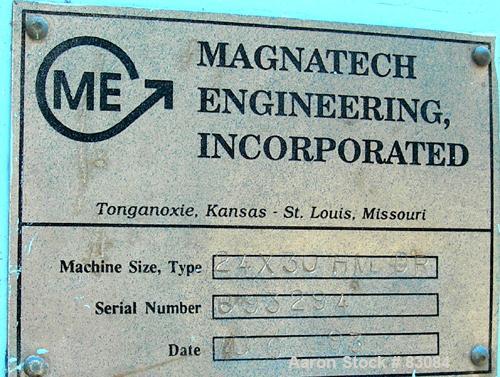 USED: Magnatech Engineering Hammermill, model 24X30HMDR, carbon steel. 19" x 32" top feed, no hopper, bottom discharge. (4) Rows of (20) 3-1/2" wide x 1" thick swinging hammers. Approximate 1" diamet...