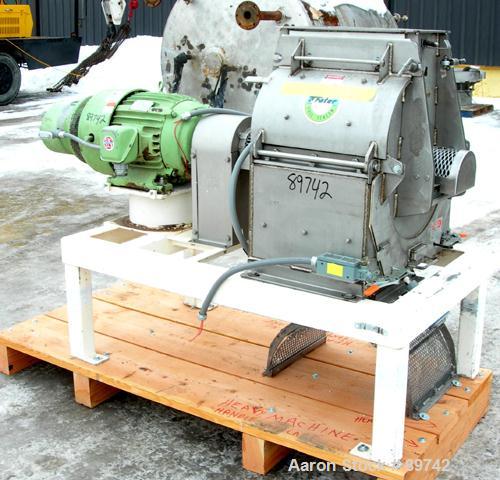 USED: Prater Industries full screen hammer mill, model G6HFSI, 304 stainless steel. Approximate 10" diameter x 16" wide rotor with approximately 6 rows of (8) 2" wide x 1/4" thick swinging hammers. H...