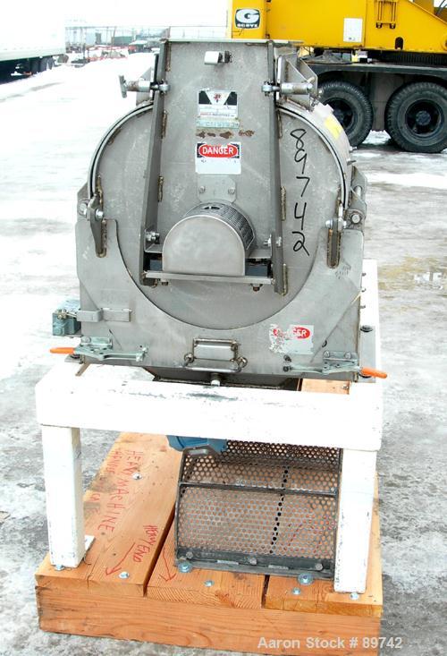 USED: Prater Industries full screen hammer mill, model G6HFSI, 304 stainless steel. Approximate 10" diameter x 16" wide rotor with approximately 6 rows of (8) 2" wide x 1/4" thick swinging hammers. H...