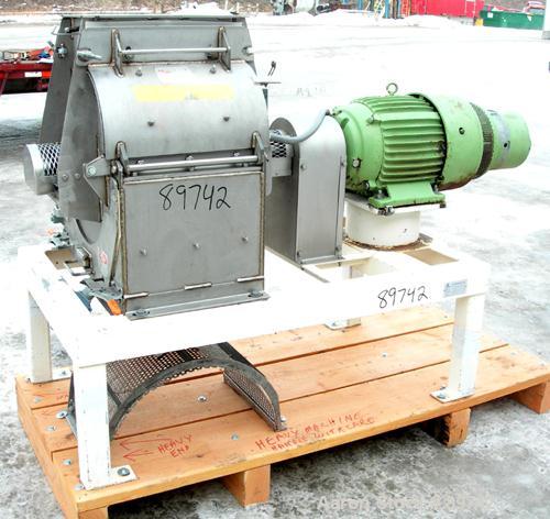 USED: Prater Industries full screen hammer mill, model G6HFSI, 304 stainless steel. Approximate 10" diameter x 16" wide rotor with approximately 6 rows of (8) 2" wide x 1/4" thick swinging hammers. H...