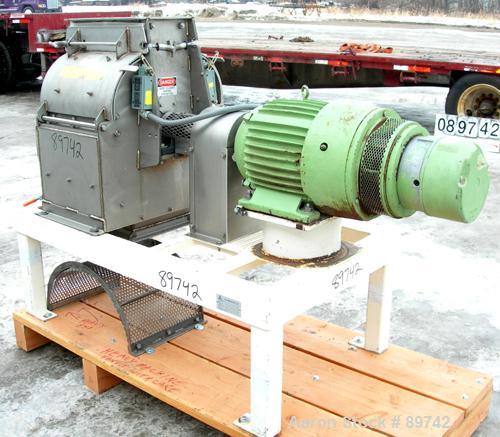 USED: Prater Industries full screen hammer mill, model G6HFSI, 304 stainless steel. Approximate 10" diameter x 16" wide rotor with approximately 6 rows of (8) 2" wide x 1/4" thick swinging hammers. H...
