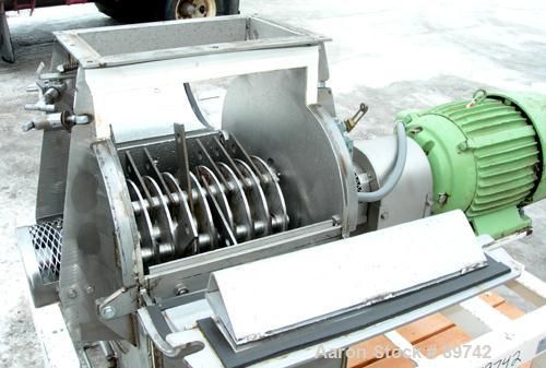USED: Prater Industries full screen hammer mill, model G6HFSI, 304 stainless steel. Approximate 10" diameter x 16" wide rotor with approximately 6 rows of (8) 2" wide x 1/4" thick swinging hammers. H...