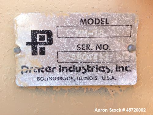 Used Prater Model MM-18 Mega Mill. Unit has 150HP motor and has carbon steel contact. Hammer type: tool temp. Screen size: round hole triangular. Includes feed inlet, inlet, door and rear linere, air...