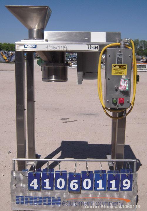 Used Quadro Comil, Model 194S, 316 stainless steel. Approximate 8" diameter impeller, no screen, Approximate capacity up to 4000 pounds an hour. Top feed, bottom discharge with swing away discharge s...