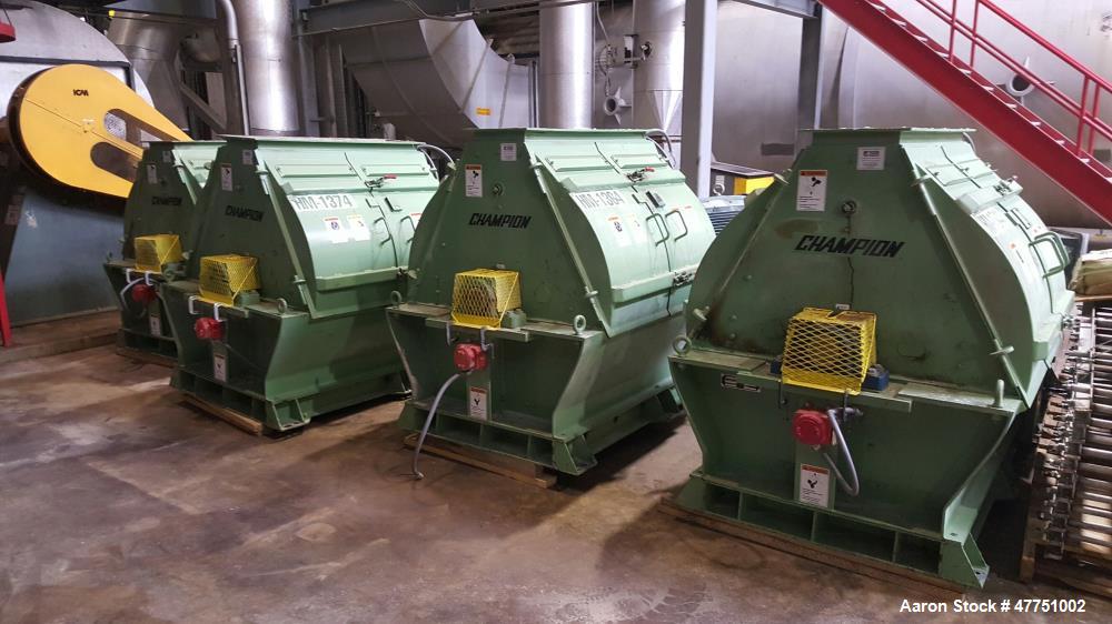 Used Roskamp Champion Hammermill, Model 48 x 38. 1500 BPH at 45 pcf. #2 yellow corn with #7 and #8 screens. 5,148 sq. in. screen area. 1800/1500 RPM. 17898/14915 ft/min tip speeds. 38" rotor diameter...