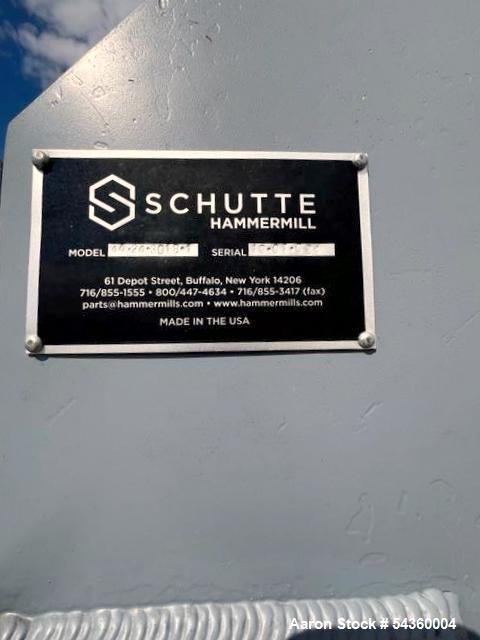 Used Schutte Hammer Mill, Model 44-24-301B. Rated 4 tons/hour (dependent on material). (88) heat-treated 3/8" notched hammers. (8) 1" diameter heat-treated hammer rods. (23) 1/4" rotor discs. (2) scr...