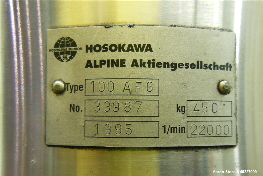 Used Hosokawa Alpine 100-AFG, Fluidized Bed Opposed Jet Mill Grinding and Classifying System (size reduction of toner), Serial #33987/1. Steel finish PU, steel classifying wheel.  Components:  Bebco ...